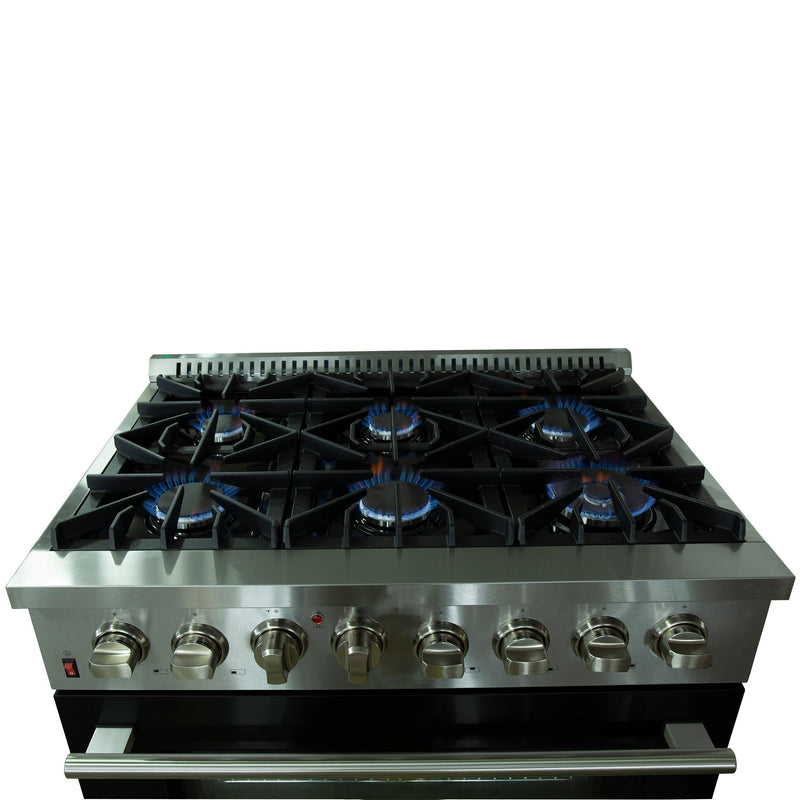 Forno 36-Inch Galiano Dual Fuel Range with 6 Gas Burners and 240v Electric Oven in Stainless Steel with Black Door (FFSGS6156-36BLK)