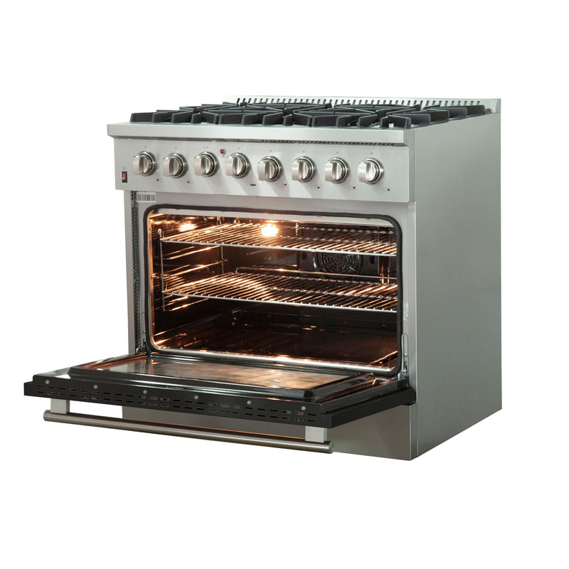 Forno 36-Inch Galiano Dual Fuel Range with 6 Gas Burners and 240v Electric Oven in Stainless Steel with Black Door (FFSGS6156-36BLK)