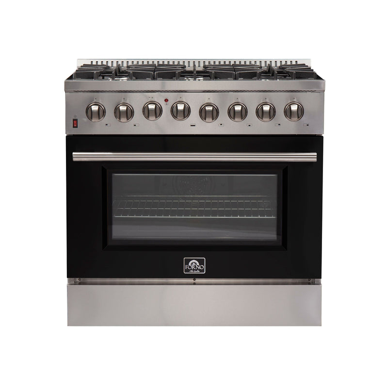 Forno 36-Inch Galiano Dual Fuel Range with 6 Gas Burners and 240v Electric Oven in Stainless Steel with Black Door (FFSGS6156-36BLK)