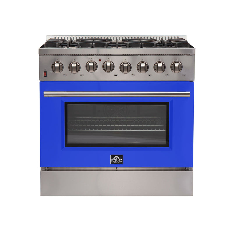Forno 36-Inch Galiano Dual Fuel Range with 6 Gas Burners and 240v Electric Oven in Stainless Steel with Blue Door (FFSGS6156-36BLU)