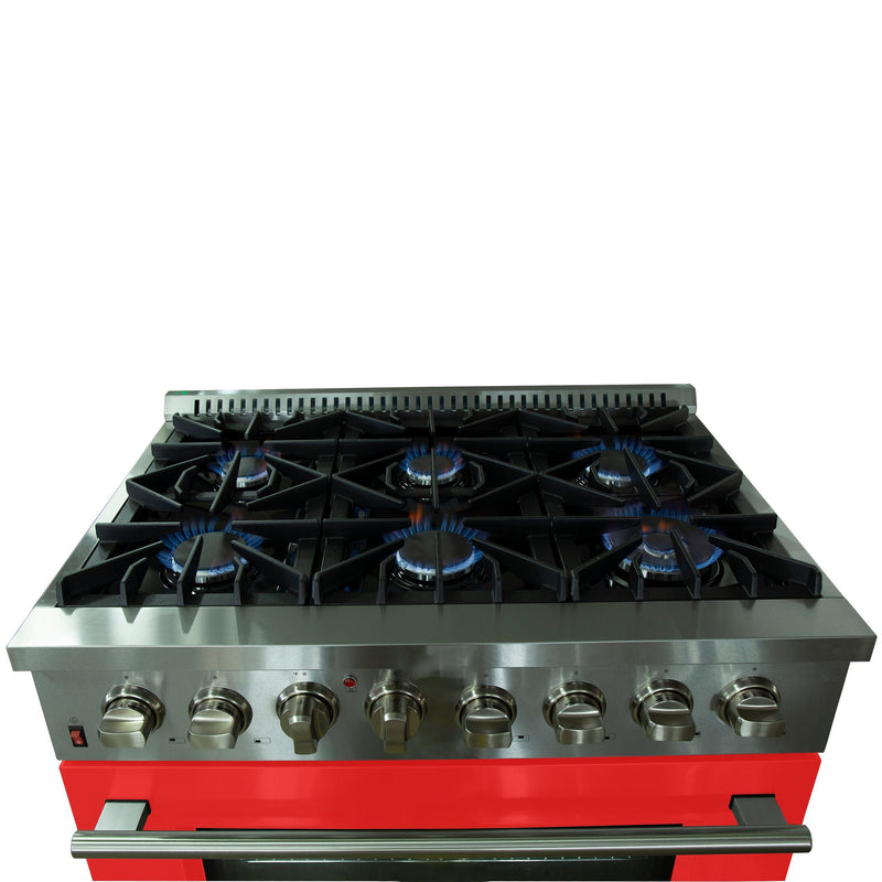 Forno 36-Inch Galiano Dual Fuel Range with 6 Gas Burners and 240v Electric Oven in Stainless Steel with Red Door (FFSGS6156-36RED)
