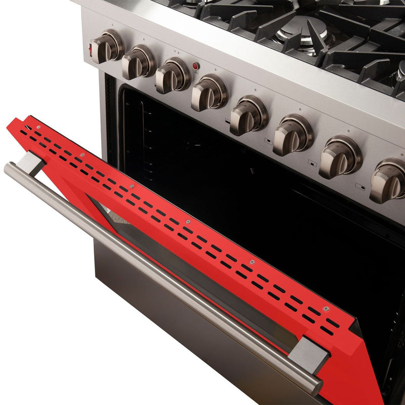 Forno 36-Inch Galiano Dual Fuel Range with 6 Gas Burners and 240v Electric Oven in Stainless Steel with Red Door (FFSGS6156-36RED)