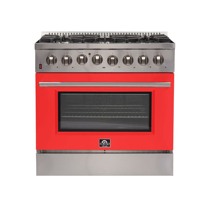Forno 36-Inch Galiano Dual Fuel Range with 6 Gas Burners and 240v Electric Oven in Stainless Steel with Red Door (FFSGS6156-36RED)