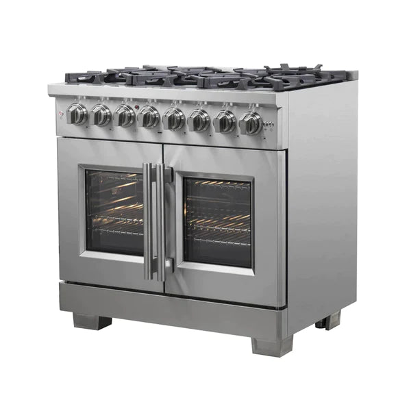 FORNO 36-Inch Capriasca Freestanding French Door Dual Fuel Range with 6 Gas Burners, 120,000 BTUs & Electric Oven in Stainless Steel - FFSGS6387-36