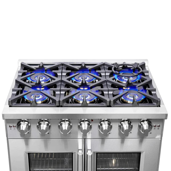 FORNO 36-Inch Capriasca Gas Range with 6 Burners, 120,000 BTUs, & French Door Gas Oven in Stainless Steel - FFSGS6460-36