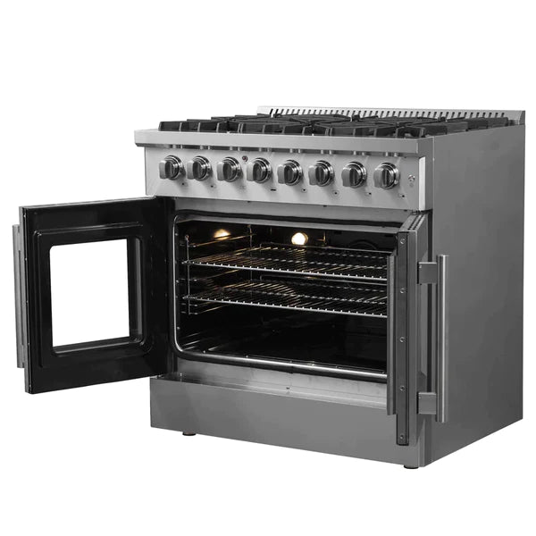 FORNO 36-Inch Galiano Dual Fuel Range with 6 Gas Burners, 83,000 BTUs, & French Door Electric Oven in Stainless Steel - FFSGS6356-36