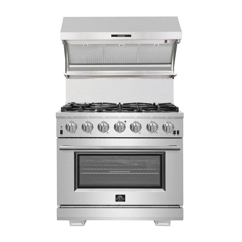 Forno 3-Piece Pro Appliance Package - 30-Inch Gas Range, Refrigerator with Water Dispenser,& Wall Mount Hood with Backsplash in Stainless Steel