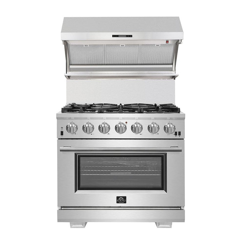 Forno 4-Piece Appliance Package - 36-Inch Electric Range, Wall Mount Range Hood with Backsplash, French Door Refrigerator, and Dishwasher in Stainless Steel