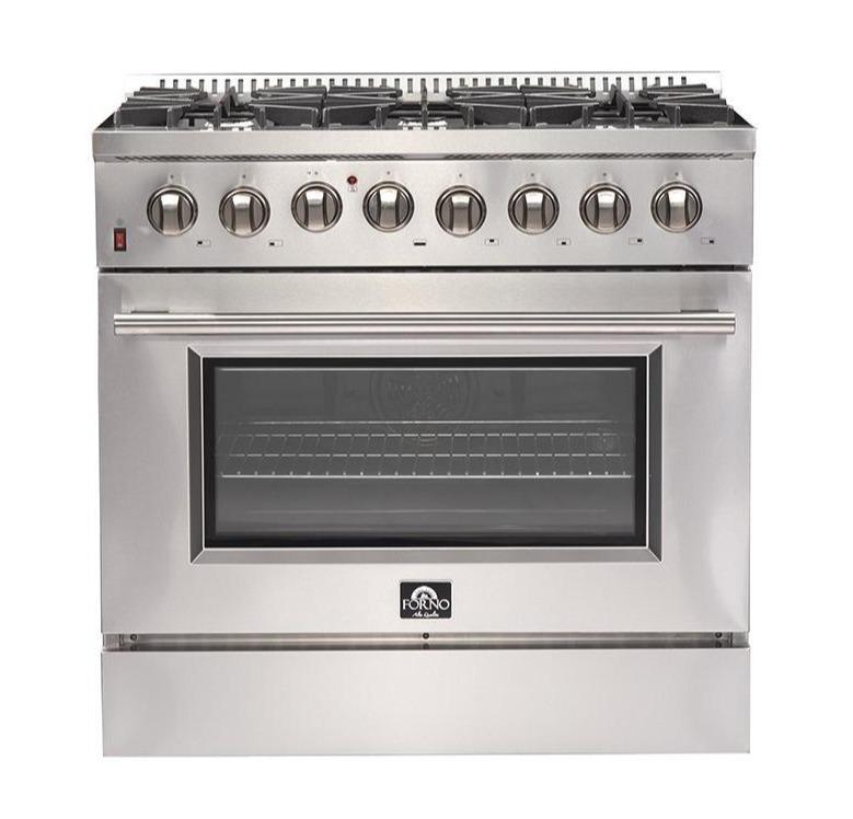 Forno 4-Piece Appliance Package - 36-Inch Dual Fuel Range, Refrigerator with Water Dispenser, Microwave Oven, & 3-Rack Dishwasher in Stainless Steel