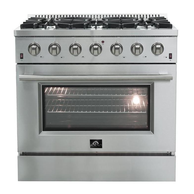 Forno 4-Piece Appliance Package - 36-Inch Gas Range, Refrigerator, Microwave Oven, & 3-Rack Dishwasher in Stainless Steel