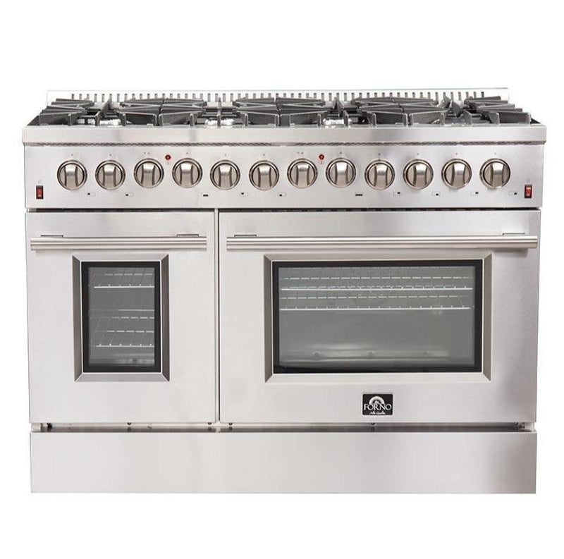 Forno 4-Piece Appliance Package - 48-Inch Dual Fuel Range, Refrigerator, Microwave Drawer, & 3-Rack Dishwasher in Stainless Steel