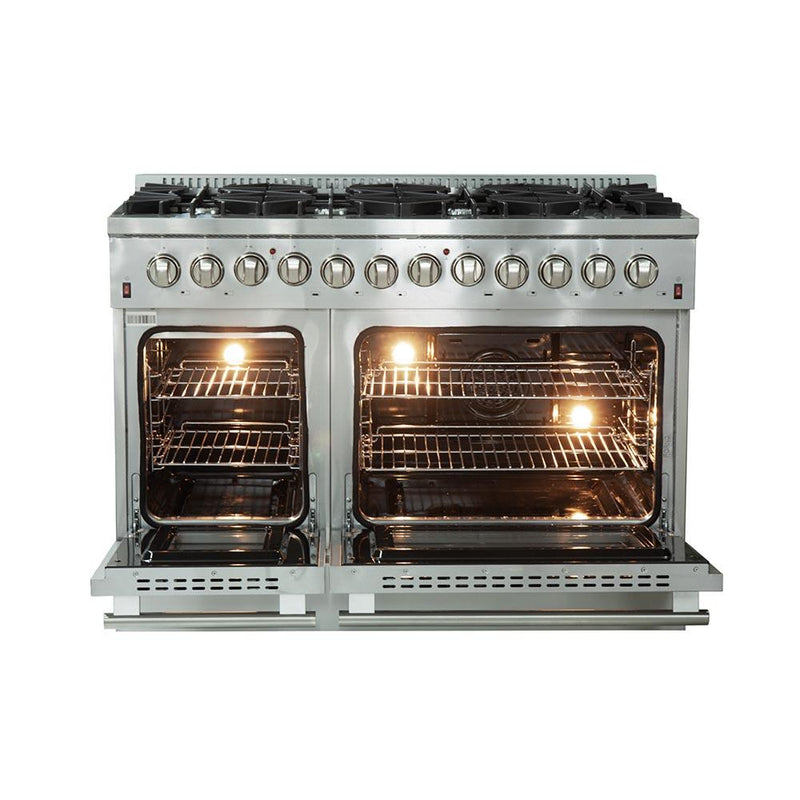 Forno 4-Piece Appliance Package - 48-Inch Dual Fuel Range, Refrigerator, Microwave Oven, & 3-Rack Dishwasher in Stainless Steel