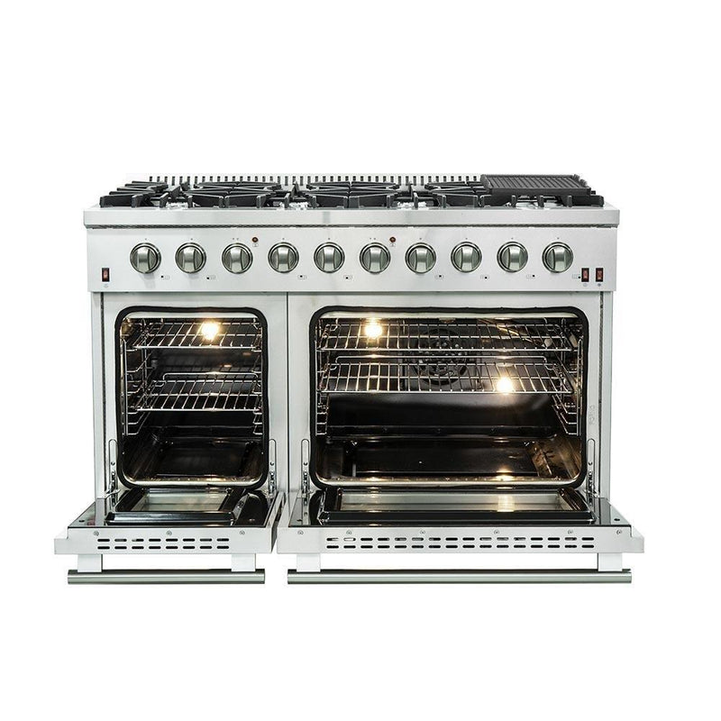 Forno 4-Piece Appliance Package - 48-Inch Gas Range, Refrigerator, Microwave Drawer, & 3-Rack Dishwasher in Stainless Steel