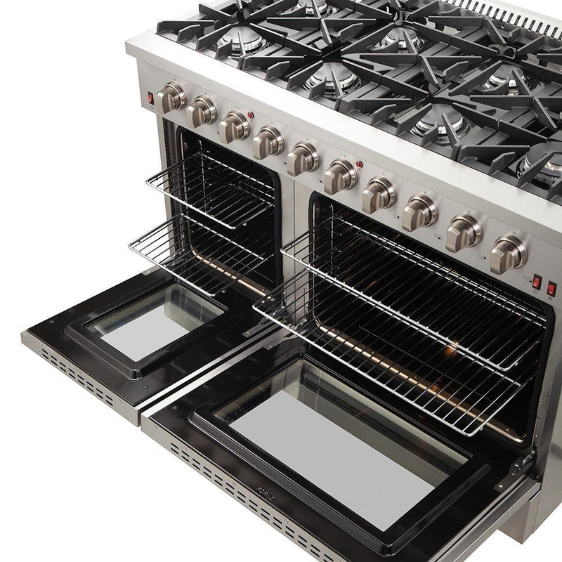 Forno 4-Piece Appliance Package - 48-Inch Gas Range, Refrigerator, Microwave Oven, & 3-Rack Dishwasher in Stainless Steel