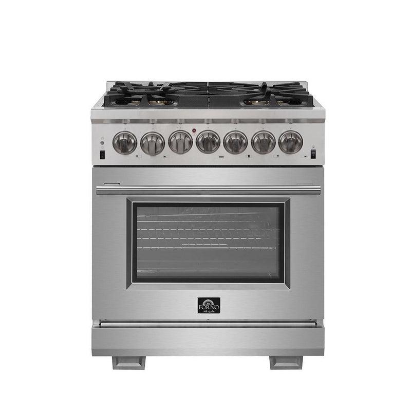 Forno 4-Piece Pro Appliance Package - 30-Inch Dual Fuel Range, Refrigerator, Microwave Drawer, & 3-Rack Dishwasher in Stainless Steel