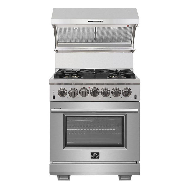 Forno 4-Piece Pro Appliance Package - 30-Inch Dual Fuel Range, Premium Hood, Pro-Style Refrigerator, and Dishwasher in Stainless Steel