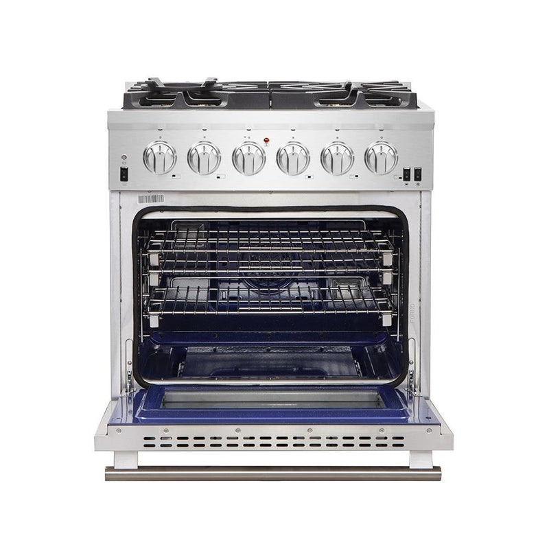 Forno 4-Piece Pro Appliance Package - 30-Inch Gas Range, Refrigerator, Microwave Drawer, & 3-Rack Dishwasher in Stainless Steel