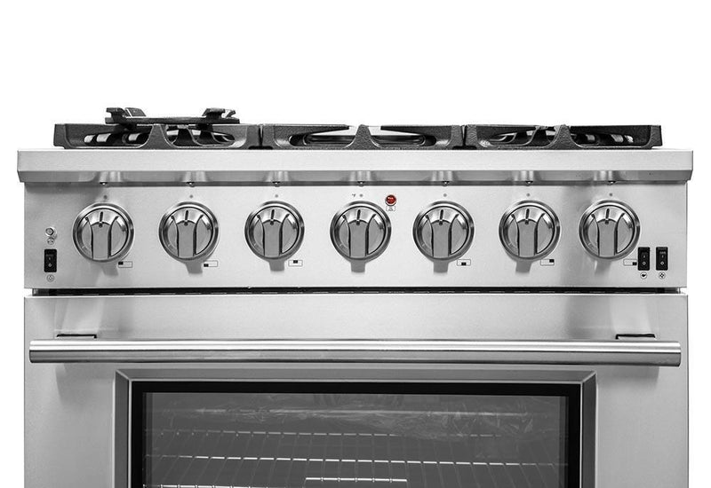 Forno 4-Piece Pro Appliance Package - 36-Inch Gas Range, Refrigerator, Microwave Drawer, & 3-Rack Dishwasher in Stainless Steel