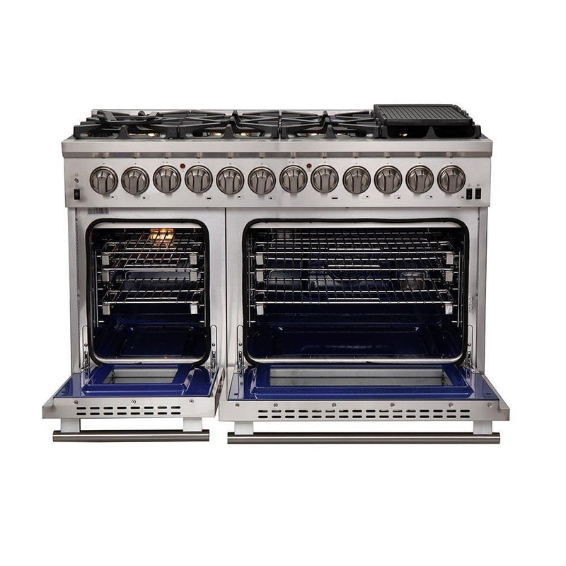 Forno 4-Piece Pro Appliance Package - 48-Inch Dual Fuel Range, Refrigerator, Microwave Drawer, & 3-Rack Dishwasher in Stainless Steel