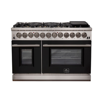 Forno 48-Inch Capriasca Dual Fuel Range with 8 Gas Burners and 240v Electric Oven in Stainless Steel with Black Door (FFSGS6187-48BLK)