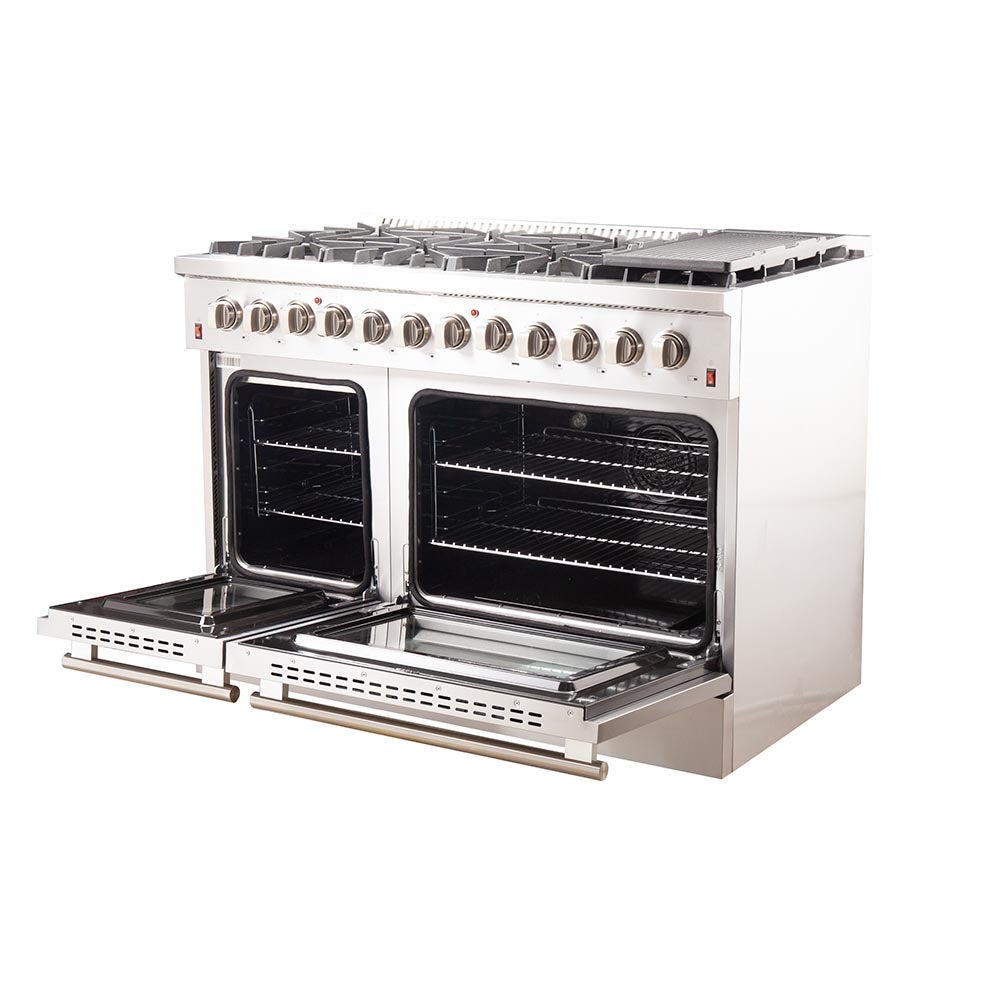 FORNO Maniago 48" Gold Freestanding Dual Fuel Range Gas Cooktop with 240v Electric Oven - 8 Burners, Griddle, and Double Oven -FFSGS6156-48