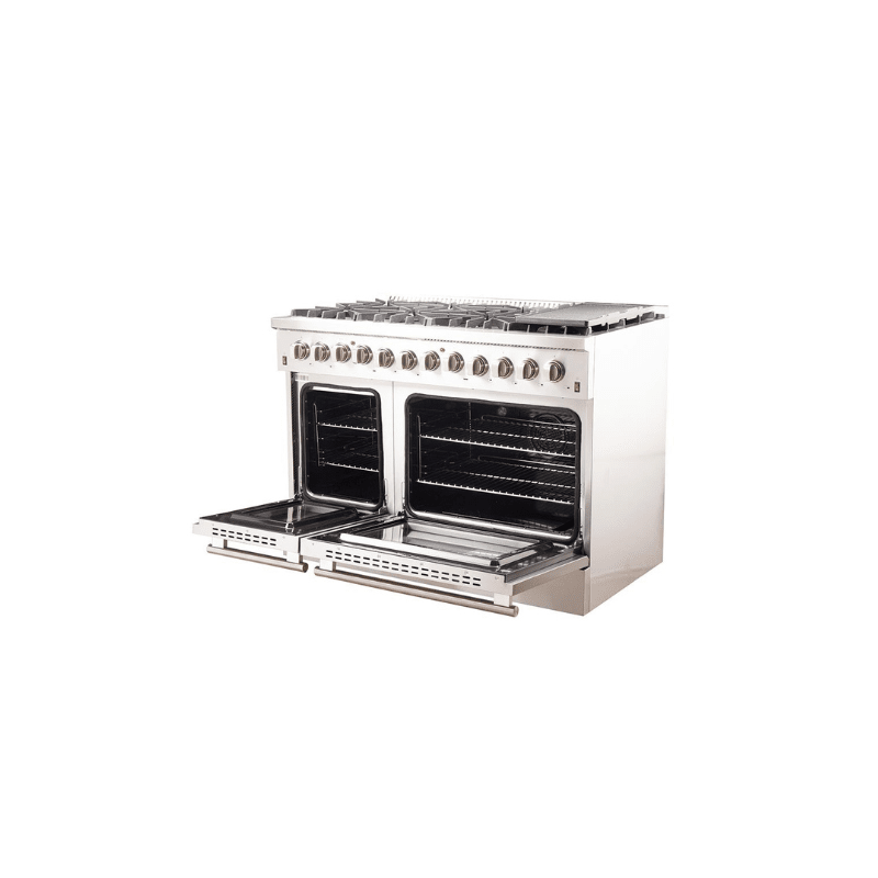 FORNO Maniago 48" Gold Freestanding Dual Fuel Range Gas Cooktop with 240v Electric Oven - 8 Burners, Griddle, and Double Oven -FFSGS6156-48
