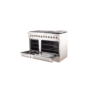 FORNO Maniago 48" Gold Freestanding Dual Fuel Range Gas Cooktop with 240v Electric Oven - 8 Burners, Griddle, and Double Oven -FFSGS6156-48
