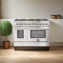 FORNO Maniago 48" Gold Freestanding Dual Fuel Range Gas Cooktop with 240v Electric Oven - 8 Burners, Griddle, and Double Oven -FFSGS6156-48