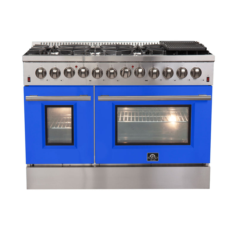 Forno 48-Inch Galiano Dual Fuel Range with 8 Gas Burners and 240v Electric Oven in Stainless Steel with Blue Door (FFSGS6156-48BLU)
