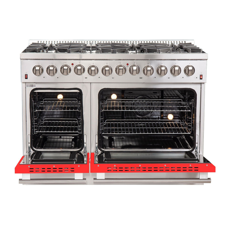 Forno 48-Inch Galiano Dual Fuel Range with 8 Gas Burners and 240v Electric Oven in Stainless Steel with Door (FFSGS6156-48RED)