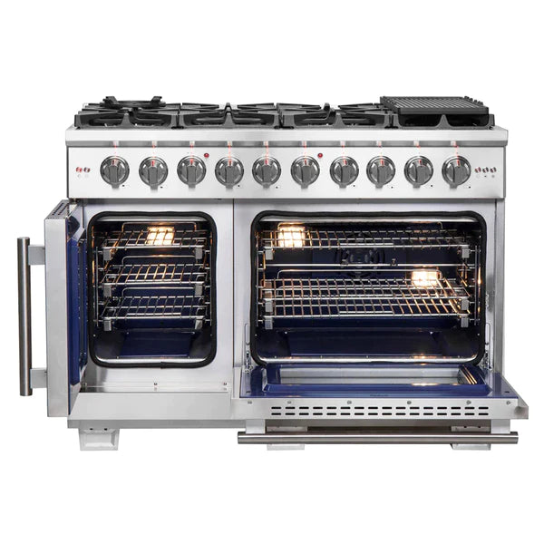 FORNO 48-Inch Capriasca Dual Fuel Range with 8 Gas Burners, 160,000 BTUs & French Door Electric Oven in Stainless Steel - FFSGS6387-48