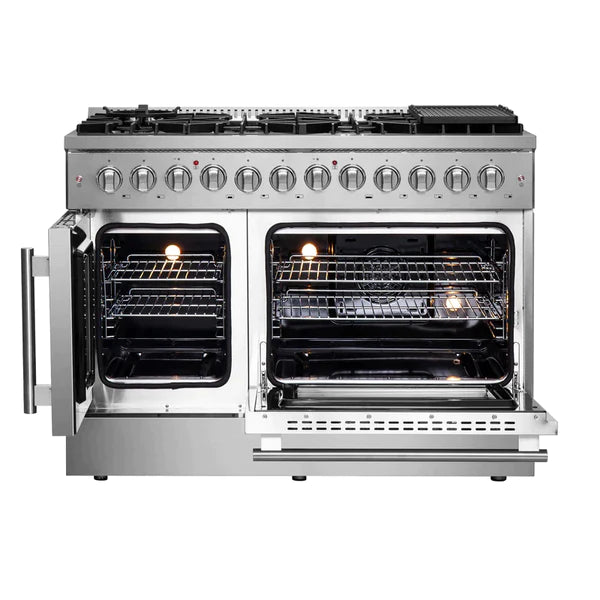 FORNO 48-Inch Galiano Dual Fuel Range with 8 Gas Burners, 107,000 BTUs, & French Door Electric Oven in Stainless Steel - FFSGS6356-48