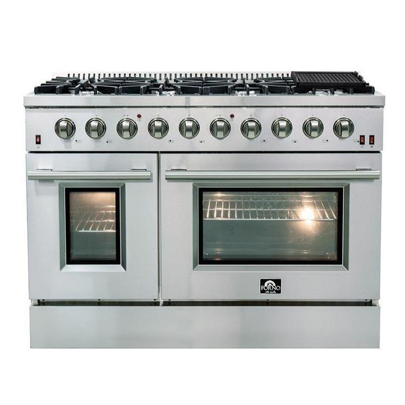 Forno 3-Piece Appliance Package- 48-Inch Gas Range, Refrigerator, & Wall Mount Hood with Backsplash in Stainless Steel