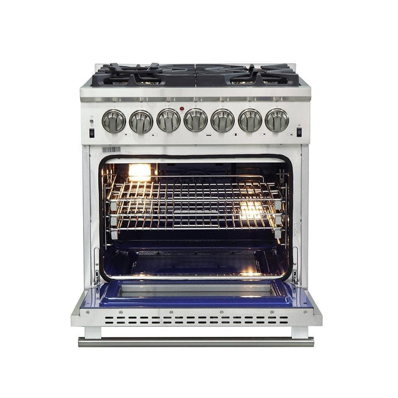 Forno 2-Piece Pro Appliance Package - 30-Inch Dual Fuel Range & Wall Mount Hood with Backsplash in Stainless Steel