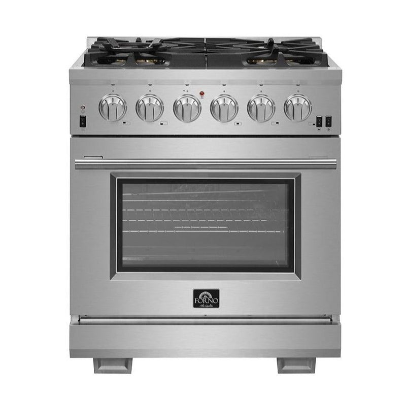 Forno 3-Piece Pro Appliance Package - 30-Inch Gas Range, Refrigerator with Water Dispenser, & Wall Mount Hood in Stainless Steel