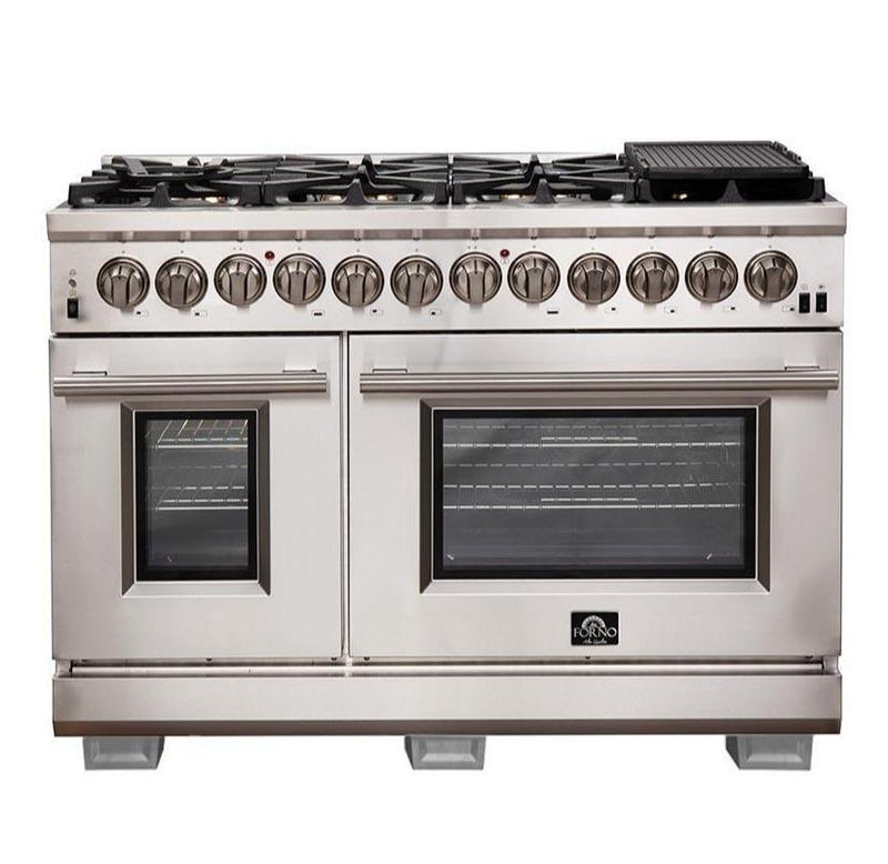 Forno 5-Piece Pro Appliance Package - 48-Inch Dual Fuel Range, Refrigerator, Wall Mount Hood, Microwave Drawer, & 3-Rack Dishwasher in Stainless Steel