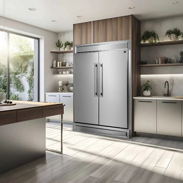 60 Fridge Freezer Combo in stainless steel placed indoors