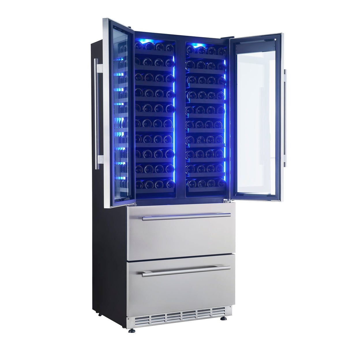 FORNO Campania 32" 120 Bottle Triple Zone French Door Wine Cooler with 2 Beverage Drawers, FWCDR6635-32S