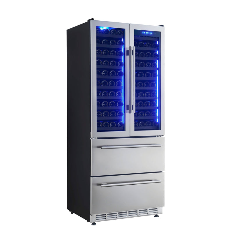 FORNO Campania 32" 120 Bottle Triple Zone French Door Wine Cooler with 2 Beverage Drawers, FWCDR6635-32S