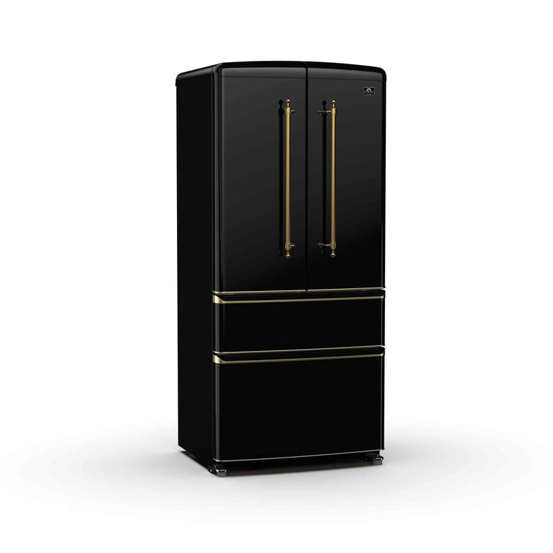 Forno Luigi 33" 18 cu. ft. French Door Refrigerator in Black with Antique Brass Handles, FFFFD1791-33BLK