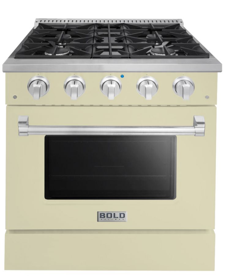 Hallman 30 In. Range with Propane Gas Burners and Electric Oven, Antique White with Chrome Trim - Bold Series, HBRDF30CMAW-LP
