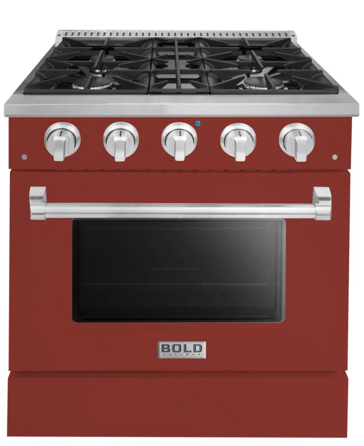 Hallman 30 In. Range with Propane Gas Burners and Electric Oven, Burgundy with Chrome Trim - Bold Series, HBRDF30CMBG-LP