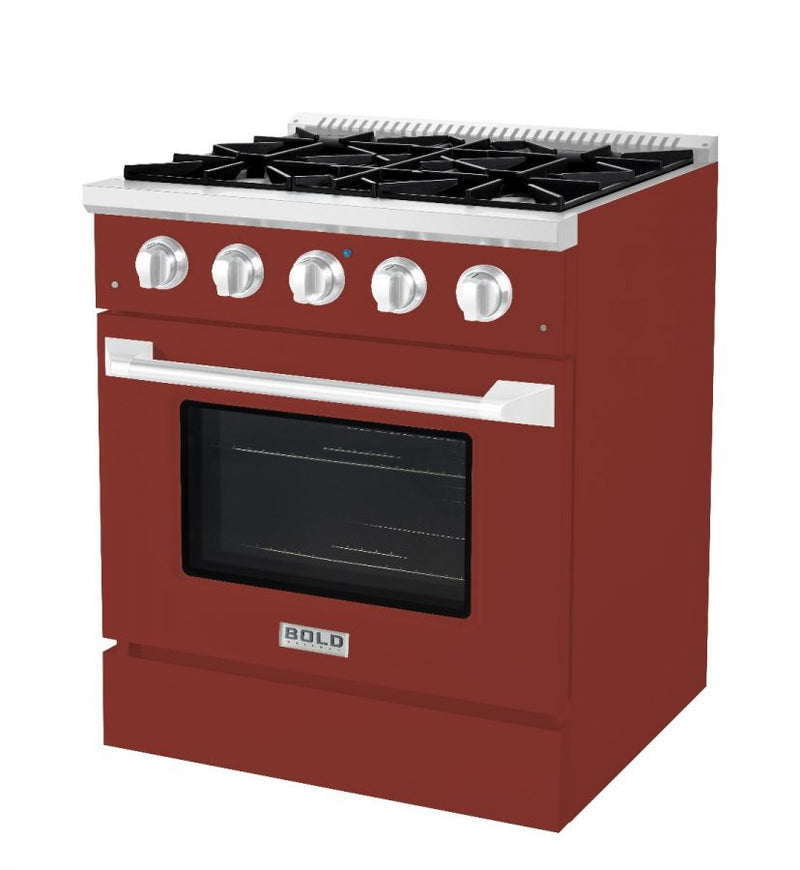 Hallman 30 In. Range with Propane Gas Burners and Electric Oven, Burgundy with Chrome Trim - Bold Series, HBRDF30CMBG-LP