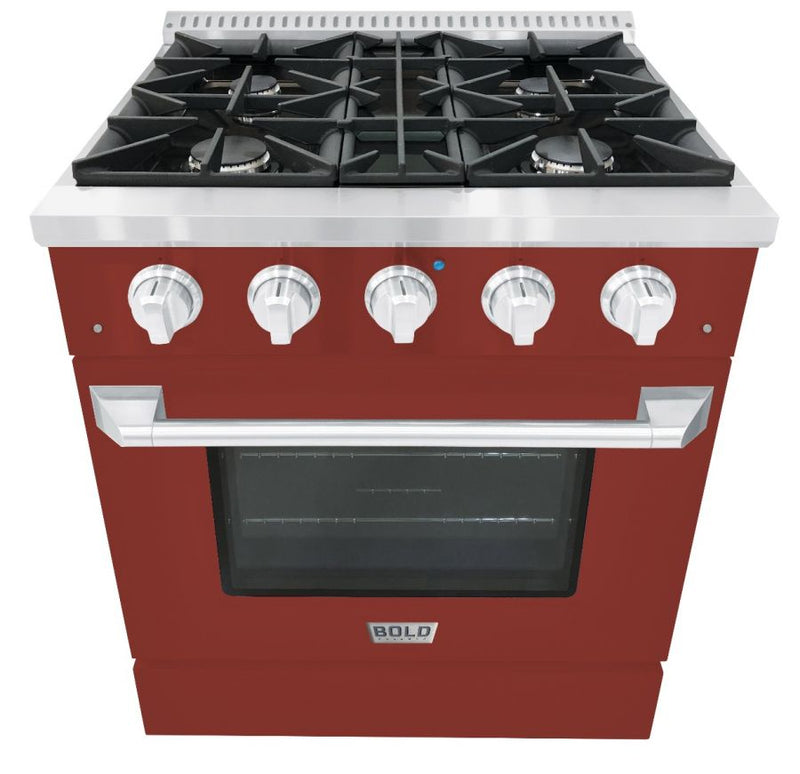 Hallman 30 In. Range with Propane Gas Burners and Electric Oven, Burgundy with Chrome Trim - Bold Series, HBRDF30CMBG-LP