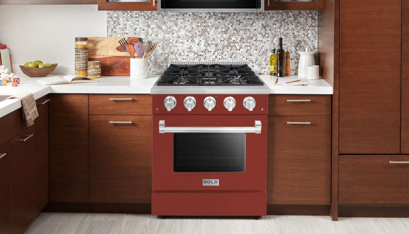 Hallman 30 In. Range with Propane Gas Burners and Electric Oven, Burgundy with Chrome Trim - Bold Series, HBRDF30CMBG-LP