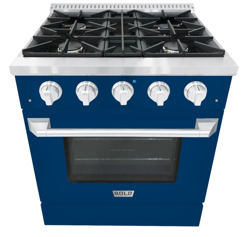 Hallman 30 In. Range with Propane Gas Burners and Electric Oven, Blue with Chrome Trim - Bold Series, HBRDF30CMBU-LP
