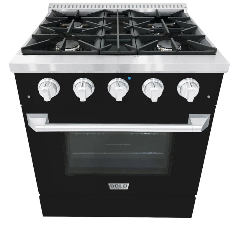Hallman 30 In. Range with Propane Gas Burners and Electric Oven, Glossy Black with Chrome Trim - Bold Series, HBRDF30CMGB-LP