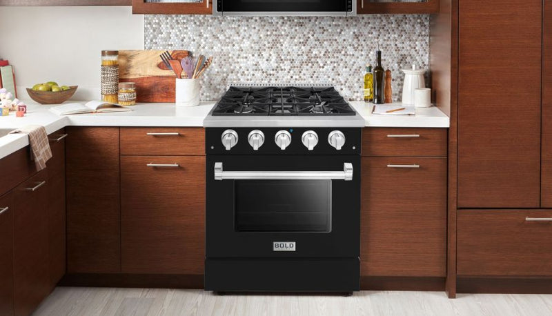 Hallman 30 In. Range with Propane Gas Burners and Electric Oven, Glossy Black with Chrome Trim - Bold Series, HBRDF30CMGB-LP