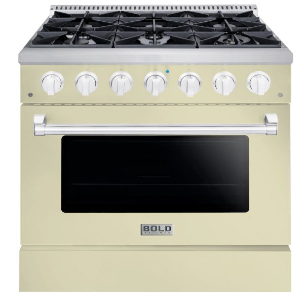 Hallman 36 In. Propane Gas Range, Antique White with Chrome Trim - Bold Series, HBRG36CMAW-LP