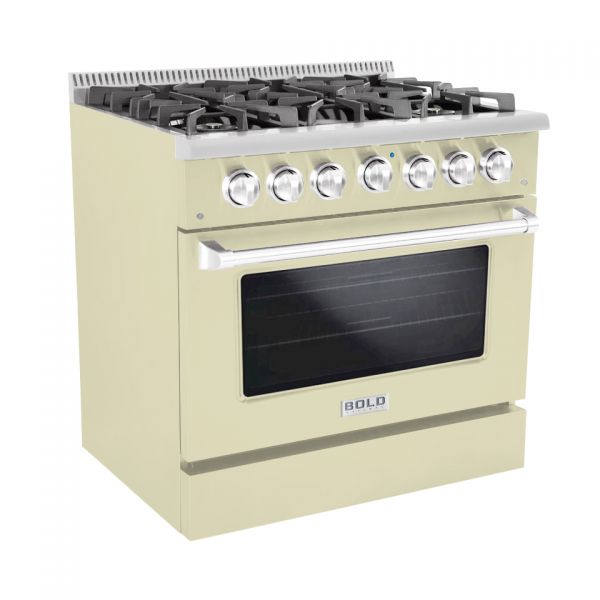 Hallman 36 In. Propane Gas Range, Antique White with Chrome Trim - Bold Series, HBRG36CMAW-LP